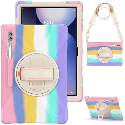 Rugged Case for Galaxy Tab S10 Ultra/S9 Ultra/S8 Ultra 14.6", Heavy Duty Shockproof Military Cover with Rotating Stand Hand Strap+Shoulder Strap+S Pen Holder,Colorful Pink