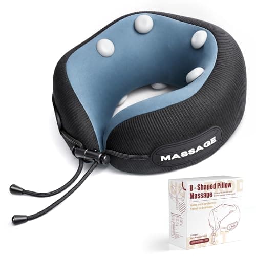 BOWENDA Travel Neck Pillow with Massage & Heat, U-Shaped Neck Massager with 8-Point Vibration, Eye Mask and Earplugs Set – Ergonomic Memory Foam, Ideal for Travel, Office, Home(Blue)