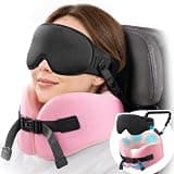 YFONG Travel Pillow for Women Airplane, Patented 360° Ergonomic Sleeper Hold Head Support System with Memory Foam Neck Pillow & 3D Sleep Mask, Prevent Head Bobbing for Long Flights & Road Trip, Pink