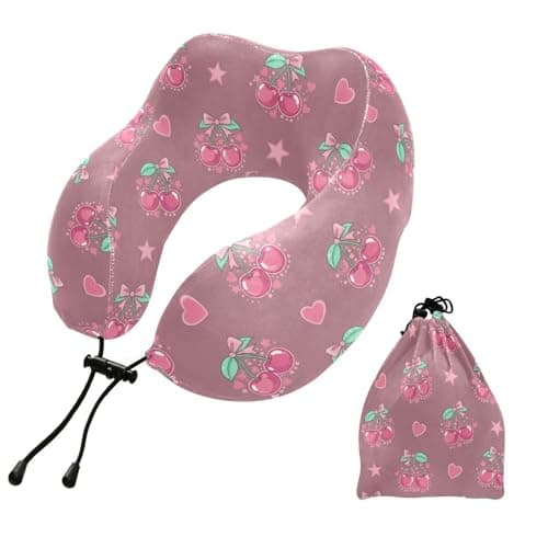 Cute Cherries Bow Pink Pattern Travel Neck Pillow for Sleeping Airplane Memory Foam Neck Support Pillow with Storage Bag Sleeper Hold Pillow for Long Flight Car Train Bus Home Office Adults Kids