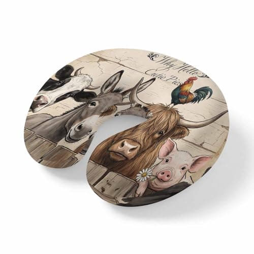 Travel Pillows U-Shaped Neck Pillow Farm Cow Donkey Pig Rooster Ergonomic Memory Foam Pillow Head Cushion,Retro Wood Fence Shabby Wall Soft Portable Neck Pillows for Office Airplane Car Train