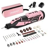 WORKPRO Pink 12V Cordless Rotary Tool Kit, 5 Variable Speeds, Powerful Engraver, Sander, Polisher, 114 Easy Change Accessories, Craft Tool for Handmade and DIY - Pink Ribbon