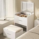 Breevia 3 in 1 Small Vanity Desk with Mirror and Lights, Space Saving Makeup Vanity with Hidden Stool & Storage, Compact Vanity Table with 3 Color LED Mirror for Bedroom