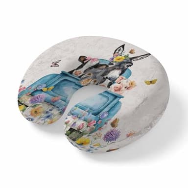 Travel Pillows U-Shaped Neck Pillow Farmhouse Pig Cow Donkey Ergonomic Memory Foam Pillow Head Cushion,Retro Truck Animal Spring Flower Soft Portable Neck Pillows for Office Airplane Car Train