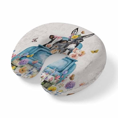 Travel Pillows U-Shaped Neck Pillow Farmhouse Pig Cow Donkey Ergonomic Memory Foam Pillow Head Cushion,Retro Truck Animal Spring Flower Soft Portable Neck Pillows for Office Airplane Car Train