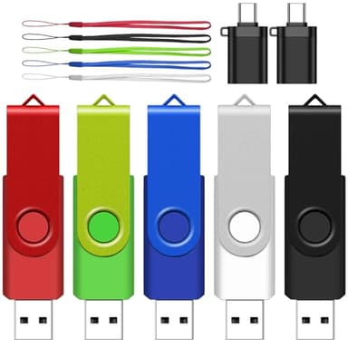 2GB USB Flash Drive with Type C Adapter, AreTop 5 Pack USB 2.0 Thumb Drives Memory Stick Swivel Jump Drive for Home & Office Use (5 Pack 2GB, Mixed Colors)