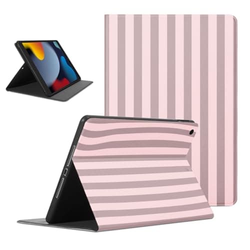 Mrtponk Simple Retro Pink Greay Striped Print Tablet Case for iPad mini 4 2015 7.9 Inch, Cute Vertical Line Stripes Pattern Design Cases Soft TPU Protective PU Leather Flip Holder Cover for Girl Boy