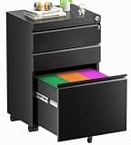Superday Black File Cabinet 3 Drawer, Fully Assemble Metal Rolling Vertical Filing Cabinet with Wheels, Small Under Desk File Cabinets for Home Office