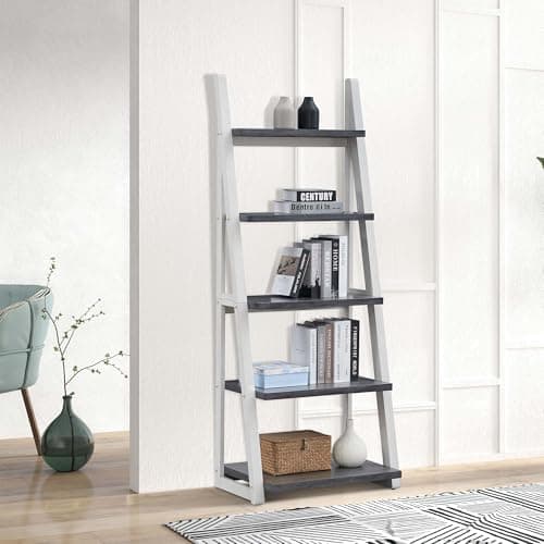 SRJunidexor 5-Tier Ladder Shelf, 72" Tall Bookshelf with Solid Rubber Wood Frame, 5 Layer Storage Rack & Bookcase for Living Room, Home Office, Bedroom (Grey+White)