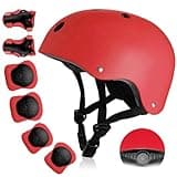 Kids Bike Helmet, Toddler Helmet for Kids Ages 3-5-8, Skateboard Helmet with Knee Elbow Wrist Pads for Boys Girls, Protective Gear Set for Skating Bicycling Roller(Red)