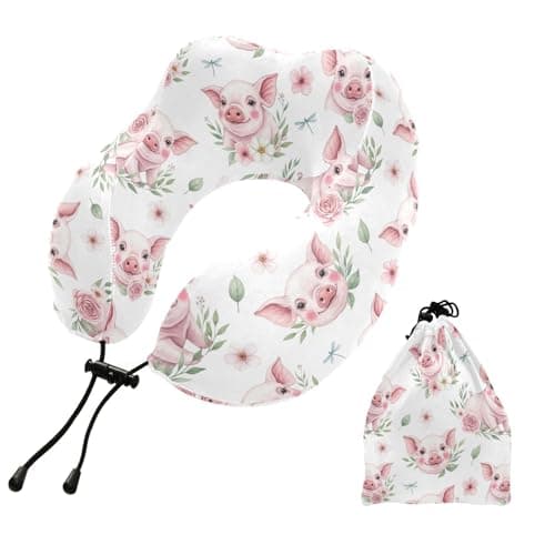 Cute Pigs Flowers White Pattern Travel Neck Pillow for Sleeping Airplane Memory Foam Neck Support Pillow with Storage Bag Sleeper Hold Pillow for Long Flight Car Train Bus Home Office Adults Kids