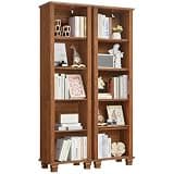 SAVOR LIFE 69" Tall Narrow Book Shelf, Wood Skinny Bookshelf with Adjustable Shelves & Wooden Legs, Farmhouse Bookcase w/5-Tier Storage, Free Standing Bookshlves for Office, Living Room, Brown, 2PCS