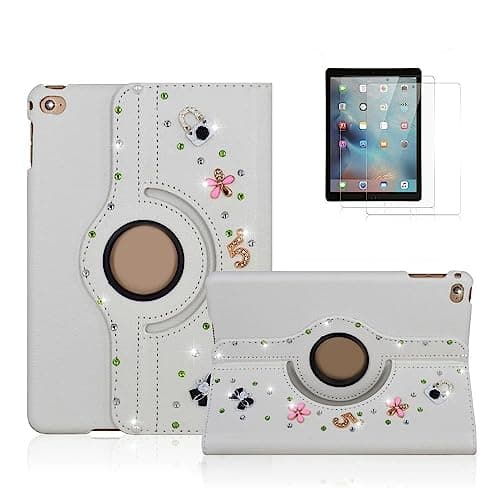 STENES Bling Case for Samsung Galaxy Tab A11 8.7-inch 2025 - Handmade Crystal 3D Bowknot Flowers 360 Degree Rotating Stand Auto Sleep/Wake PU Leather Protective Cover, Pink