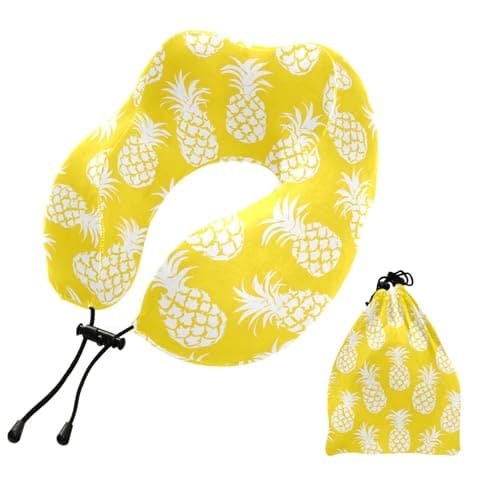 FENOCHE White Pineapples Yellow Memory Foam Travel Neck Pillow Ergonomic Neck Support Cushion Portable Plane Accessories for Airplane Car Office Sleep Rest