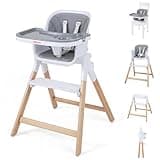BABY JOY 4-in-1 Convertible High Chair, Foldable Wooden Highchair for Babies and Toddlers | Dining Booster Seat | High Stool, Double Removable Tray, 5-Point Safety Harness & Easy Clean Cushion (Gray)