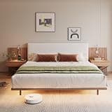 Yoglad King Size Bed Frame with Built-in Charging Ports and Nightstands, Chenille Upholstered Platform Bed with Reading Lamps & LED Lights, No Box Spring Needed(Beige Headboard)