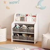 PRINKROOMY Multifunctional Bookcase Bookshelf with 3 Collapsible Fabric Drawers, Multi-Tier Bookcase Display Stand Storage Organizer for Bedroom, Playroom, Hallway (White & Gray)