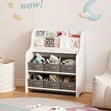 PRINKROOMY Multifunctional Bookcase Bookshelf with 3 Collapsible Fabric Drawers, Multi-Tier Bookcase Display Stand Storage Organizer for Bedroom, Playroom, Hallway (White & Gray)
