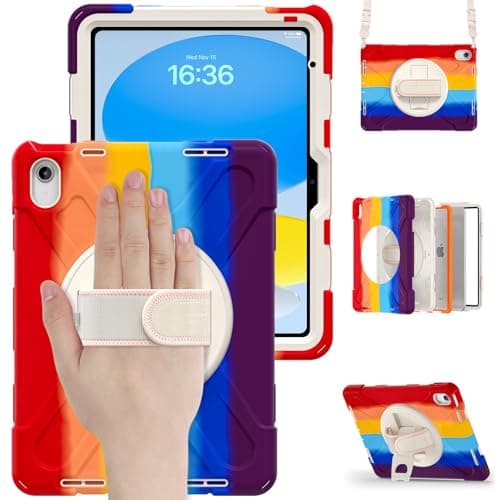 Case for iPad Tablet Full-Body Shockproof, Durable Silicone Protective Cover with 360° Rotating Wristband/Stand/Shoulder Strap (Rainbow) (Case,for iPad Pro 11inch 2024)