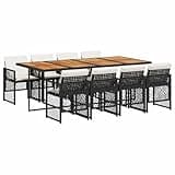 WRJENFSC 9-Piece Garden Dining Set, Black PE Rattan and Acacia Wood Outdoor Table with Chairs for 8 People, Foldable Large Patio Furniture Set for Terrace, Backyard and Balcony