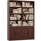 FACBOTALL Bookshelf and Bookcase with Doors, 6 Tier Double Wide Large Bookshelves, Open Display Shelves, 73'' Tall Bookshelf with Storage Cabinets for Home Office, Living Room, Library, Cherry