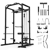Mikolo F4 2.0 Power Cage with Dual-Track Smooth Pulley System, 1200LBS Power Rack with Leg Hold-Down for Heavy LAT Pulldowns, All-in-One Squat Rack with More Training Attachments for Home Gym (Black)