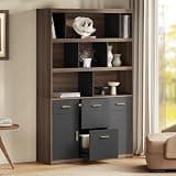 ModernMate 74.8" Tall File Bookcase with 4 Drawers and Cabinet, Wood Wide Bookshelf with Doors for Letter/A4 Size, 3-Tier Storage Display Shelving for Home Office, Living Room, Study, Black Walnut