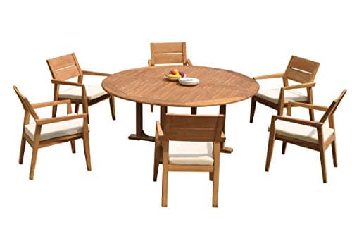 WholesaleTeakFurniture Grade-A Teak Wood 6 Seater 7 Pc Dining Set: 72" Round Table and 6 Vellore Stacking Arm Chairs #21VL1707