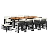WRJENFSC Garden Dining Set with Rectangular Table and 12 Chairs, Black PE Rattan Outdoor Furniture with Cream Cushions for Patio Backyard Terrace and Balcony