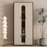 Merax Storage Cabinet with Doors, Tall Bookcase Cabinet with LED Light Adjustable Shelves, Modern Display Fluted Pantry Cabinet Organizer for Living Room, Dining Room, Office, Brown+Beige