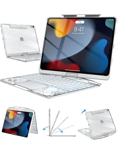 Wireless Keyboard Case for iPad 9th (7th, 8th, and 9th Gen) 10.2 Inch, Transparent Protective Cover with 7-Color Backlit Keyboard, 360° Rotating Stand, Multi-Touch Trackpad and Pencil Holder, White