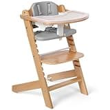 Cowiewie 3-in-1 Convertible Natural Wooden High Chair for Babies & Toddlers 3-Tier Remove & 2 Adjustable Wood Tray & 8 Levels Adjustable, 2 Waterproof Cozy Cushions Grey
