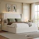 Hizyrina Queen Size Upholstered Bed Frame with 47" Wingback Headboard & LED Lights, Chenille Platform Bedframe with Wooden Slat Support, Non-Slip/Noise-Free/No Box Spring Needed/Easy Assembly, White
