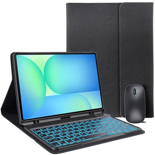 ROKEYBOR for Galaxy Tab S10 FE Case with Keyboard & Galaxy Tab S10 Lite 10.9inch,Mouse and 7 Color Rainbow Backlight Magnetic Keyboard,Folio Cover with Pencil Holder for Galaxy S9 FE/S9/S8,Black
