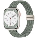 Slim Braided Stretchy Loop Compatible with Apple Watch Bands for Women 44mm 42mm 45mm 46mm, Thin Elastic Sport Nylon Wristband Strap for iWatch Band Series 11 10 9 8 7 6 5 4 2 1 SE 3, PineGreen