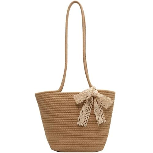 Personalized Cotton Rope Beach Tote Bag, Custom Embroidery Summer Bag for Women, Large Capacity Shoulder Handbag with Daisy & Lace Bow, Gifts for Travel, Shopping, Birthday, Bride Shower, Mother's Day
