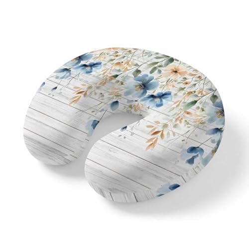 ZFUNCING Travel Pillows U-Shaped Neck Pillow Summer Blue Flower Green Leaves Ergonomic Memory Foam Pillow Head Cushion,Farm Vintage Wood Board Soft Portable Neck Pillows for Office Airplane Car Train