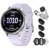 Garmin Venu 4 41mm Health & Fitness GPS Smartwatch Silver with Periwinkle Silicone Band 010-03013-01 Bundle with Nylon Elastic Bands 18mm 3 Pack, Charging Dock and Silicone Dust Cover 3 Pack
