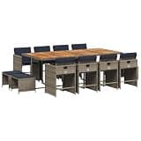 YUOGHRTFE Grey Poly Rattan Outdoor Dining Set with Foldable Backrest Chairs, 13 Piece Patio Dining Set with Cushions and Acacia Wood Table