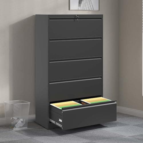 5 Drawer Lateral File Cabinet, 35.4 Inch Wide Metal Filing Cabinet, Locking Heavy Duty File Cabinet for Home Office, Anti-Tip Safety Interlock, Vertical Storage for Letter/Legal/A4 Files, Black
