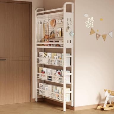 Behind-the-Door Bookshelf, 5-Tier Metal Storage Display Rack with Perforated Board, Space-Saving Narrow Bookcase, 74'' Tall Shelf Organizer for Bedroom Entryway Bathroom Home Office(82cm/32.3'')