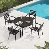 Hassyee Outdoor Patio Dining Set with Stackable Metal Dining Chairs and Round Dining Table for Poolside, Backyard, Patio Furniture Set with Durable & Sturdy Frame for Lawn (Black 5 PCS)