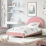 IDEALHOUSE Twin Bed Frame with Round Boucle Headboard, Upholstered Arch-Shaped and Wooden Slats, No Box Spring Required and Easy Assembly, Pink