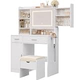 Vanity Desk with Mirror and Lights, Makeup Vanity Table with Power Outlet, Hidden Shelves, 2 Drawers, Cabinet, Storage Stool and Side Jewelry Rack, Dimmable LED White Vanity Desk for Bedroom(White)