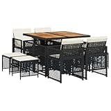 WRJENFSC 9 Piece Garden Dining Set, Black PE Rattan Outdoor Furniture with Solid Acacia Wood Table, 4 High-Back Chairs and 4 Stools, Space-Saving Patio Dining Set for Balcony and Terrace