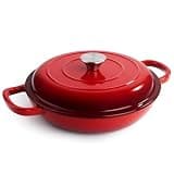 3 Quart Enameled Cast Iron Braiser, Non Stick Enameled Cast Iron Skillet with Lid, Dutch Oven Skillet with lid up to 500°F for Oven, Stove, Grill, Shallow Dutch Oven for Cook, Bake (Red)