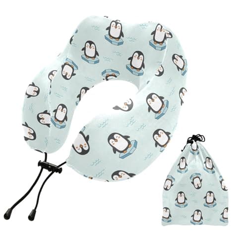 SPRIPORT Cartoon Penguins Pattern Travel Neck Pillow for Sleeping Airplane Memory Foam Neck Support Pillow with Storage Bag Sleeper Hold Pillow for Adults Kids Home Office Long Flight Car Train Bus