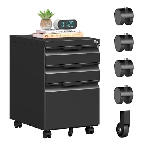 3 Drawer Mobile File Cabinet with Lock, Metal Filing Cabinet, Under Desk Rolling Small Filing Cabinet with Wheels for Home Office Storage, Fits Legal/A4/Letter/Document Size, Required Assembly, Black