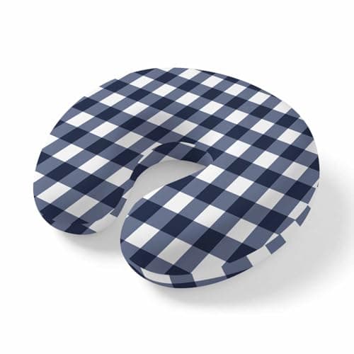 Navy Blue Check Travel Neck Pillow Memory Foam,Hand Neck Support Airplane Pillow for Traveling Bed Car Office Home,Farmhouse Buffalo Plaid Blue Portable Flight Pillows with Removable & Washable Cover