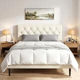 Zerduos Full Bed Frame with Velvet Upholstered Headboard, Wooden Slats Support/No Box Spring Needed/Easy Assembly, Beige
